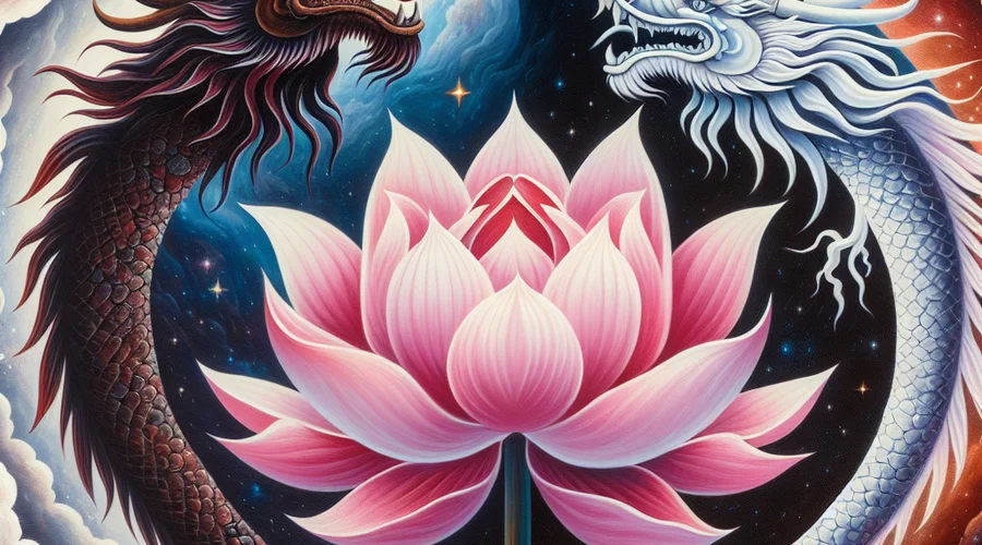 Illustration of duality representing Giselle saju&rsquo;s energy with a dragon and lotus.