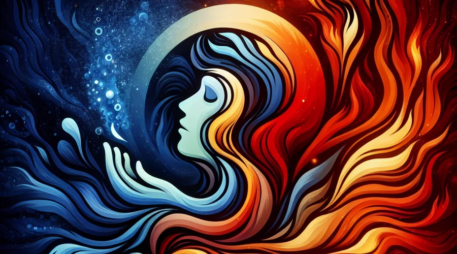 Symbolic elements of fire and water depicting Jennie saju&rsquo;s passionate energy.