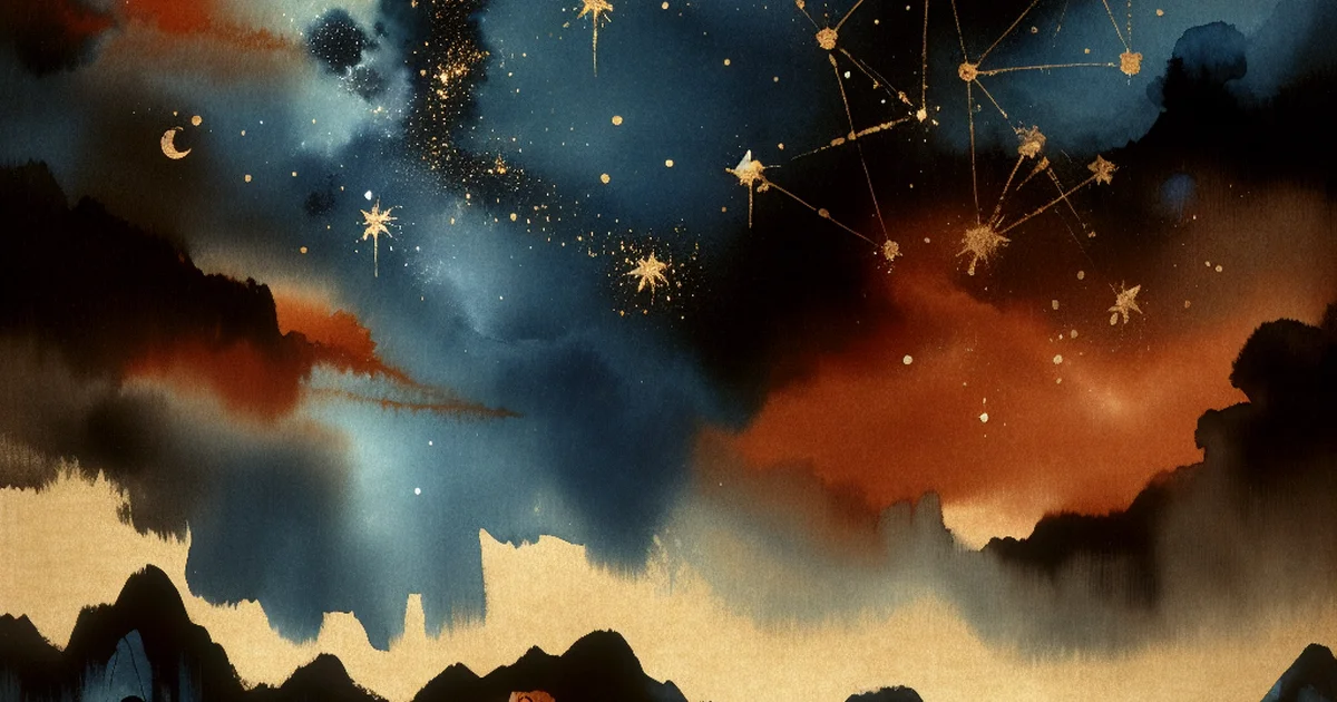 An atmospheric illustration representing Jeonghan saju with cosmic elements and deep colors.