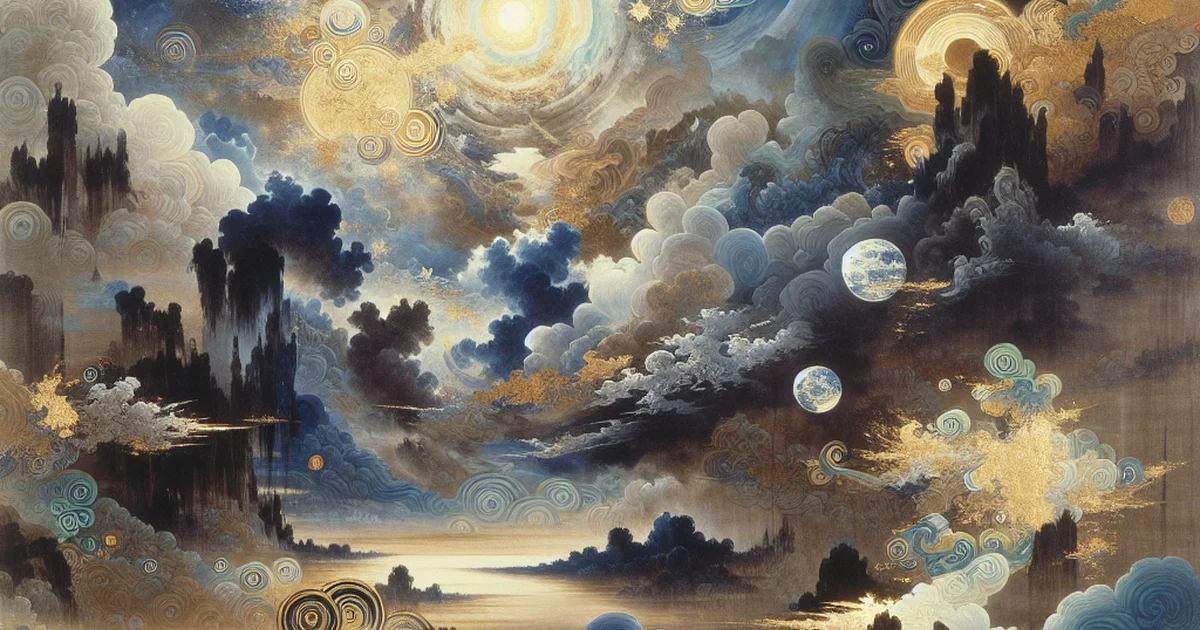 A cosmic landscape reflecting RM saju's philosophical essence in deep indigo and gold.