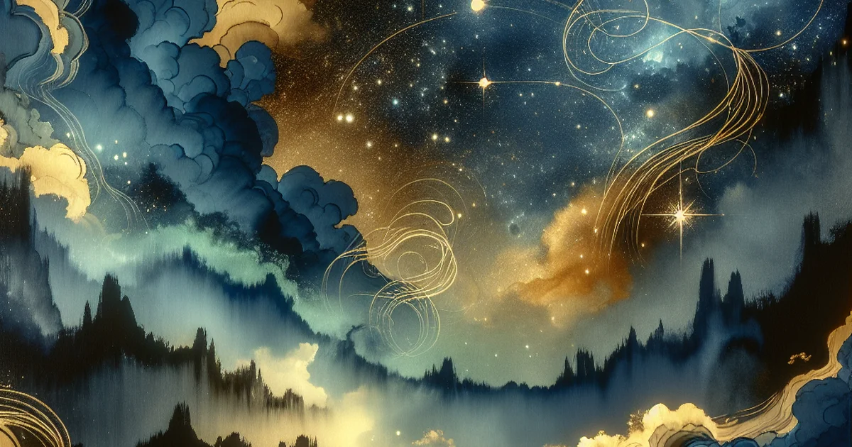 A cosmic landscape illustrating V saju, featuring stars and abstract Four Pillars.